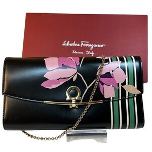 RARE Salvatore Ferragamo Gancini Flap Printed Flowers‎ Leather Clutch Bag